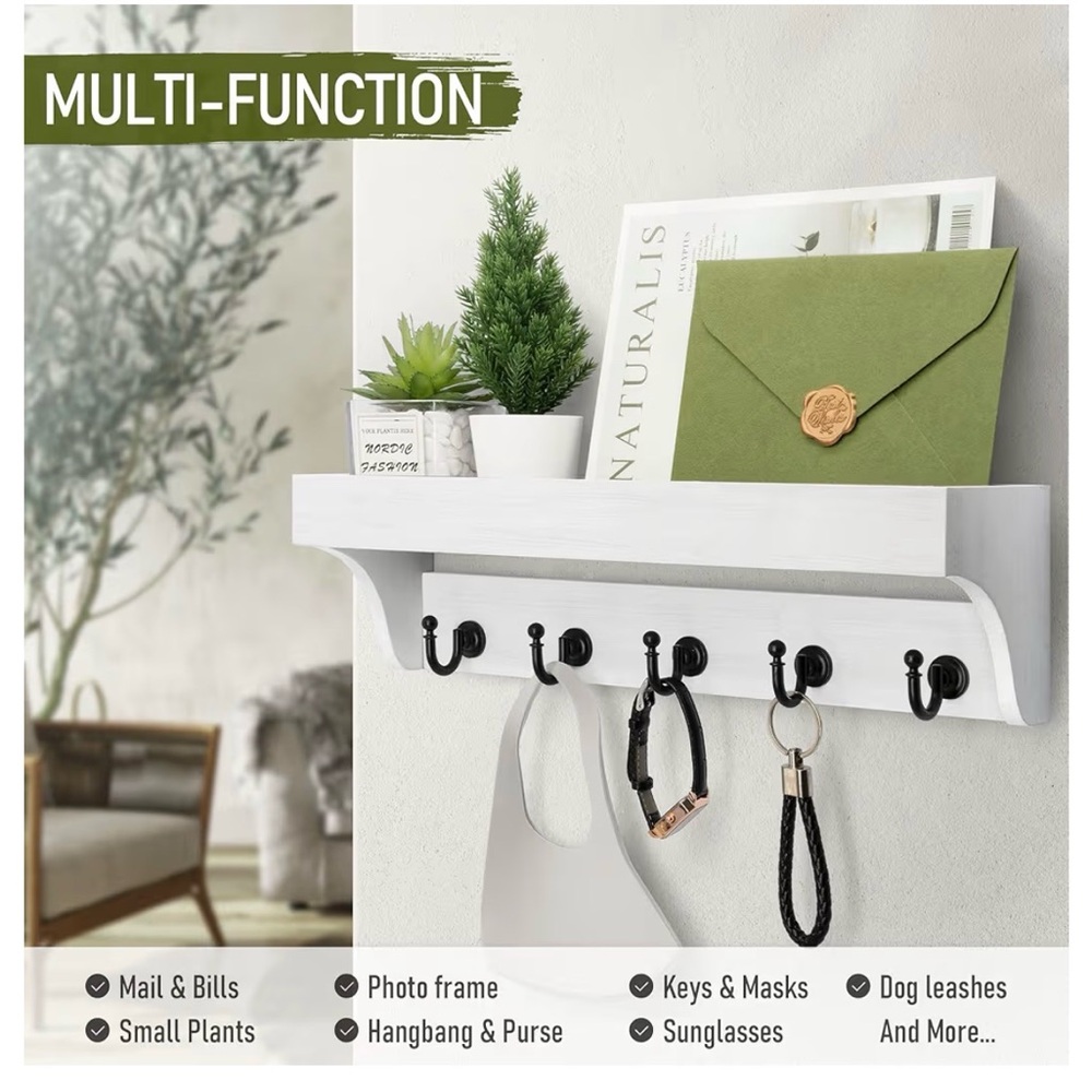 Key and Mail Holder for Wall with Floating Shelf : Decorative Hanging Organizer - Picture 4 of 10
